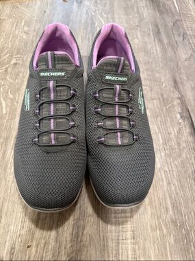 Skechers Gray Knit Slip-On Sneakers with Purple Accents
